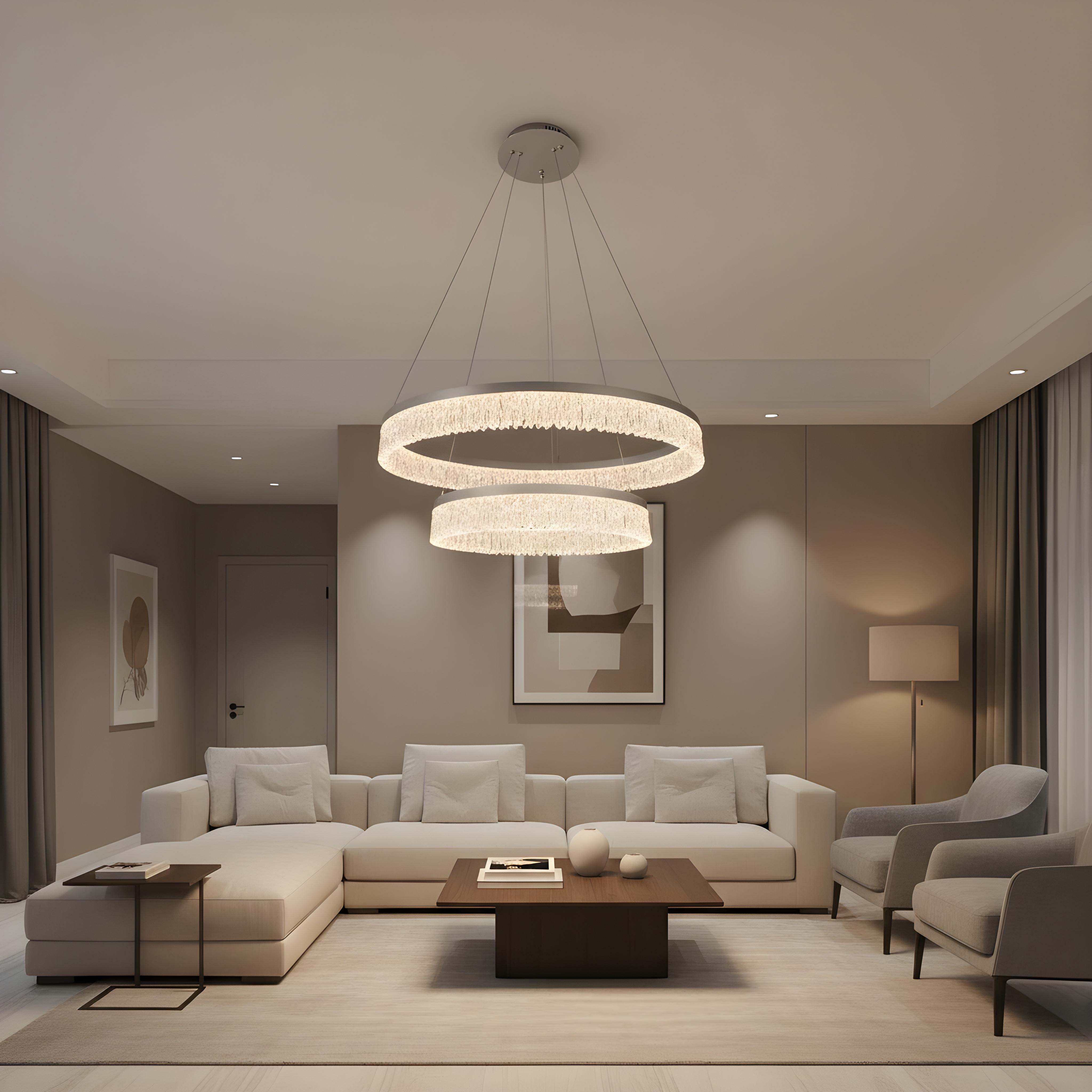 LED crystal ring chandelier with two concentric circular rings. 