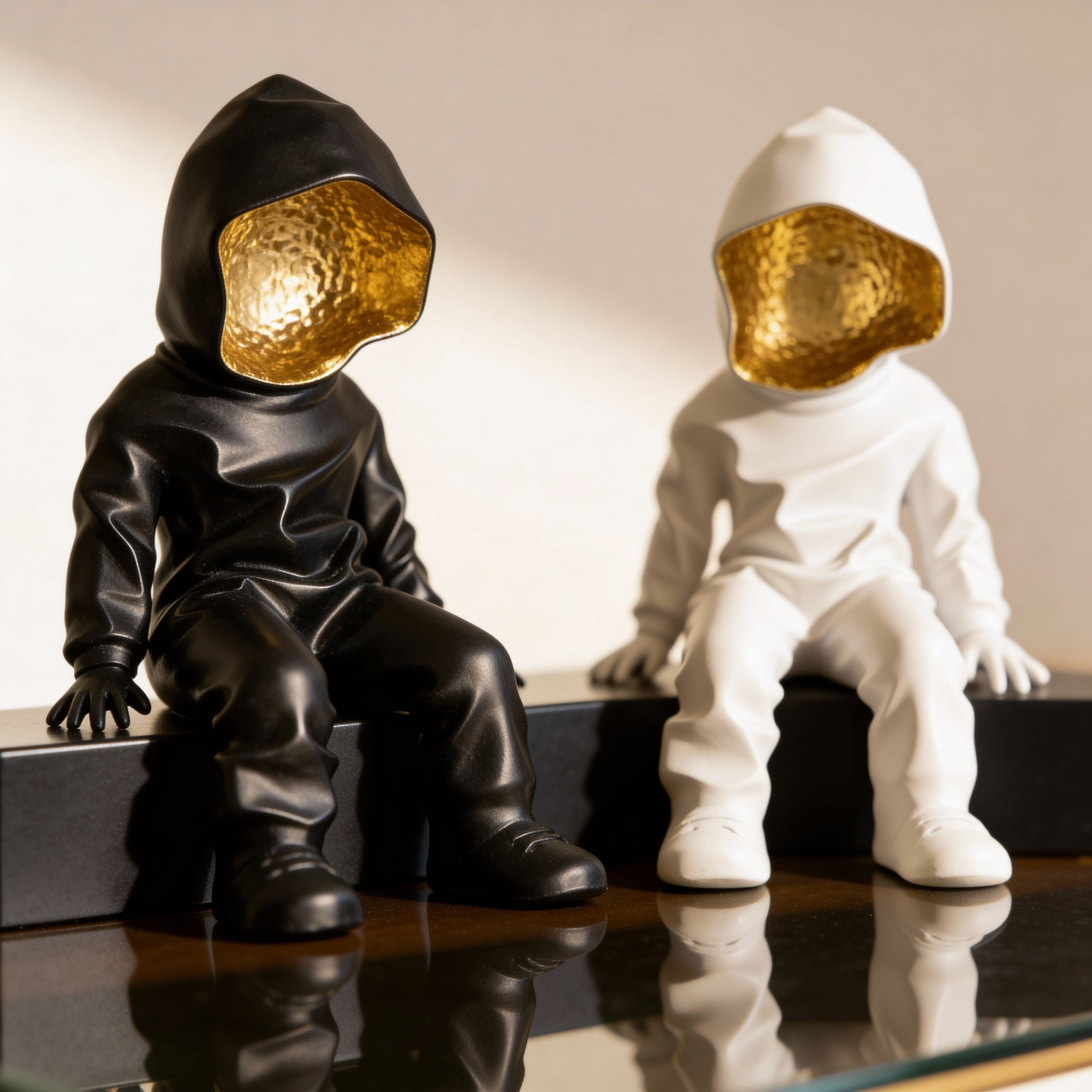 hooded gold-faced resin sculpture