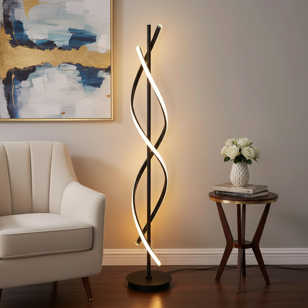 Alternative view of modern spiral LED floor lamp