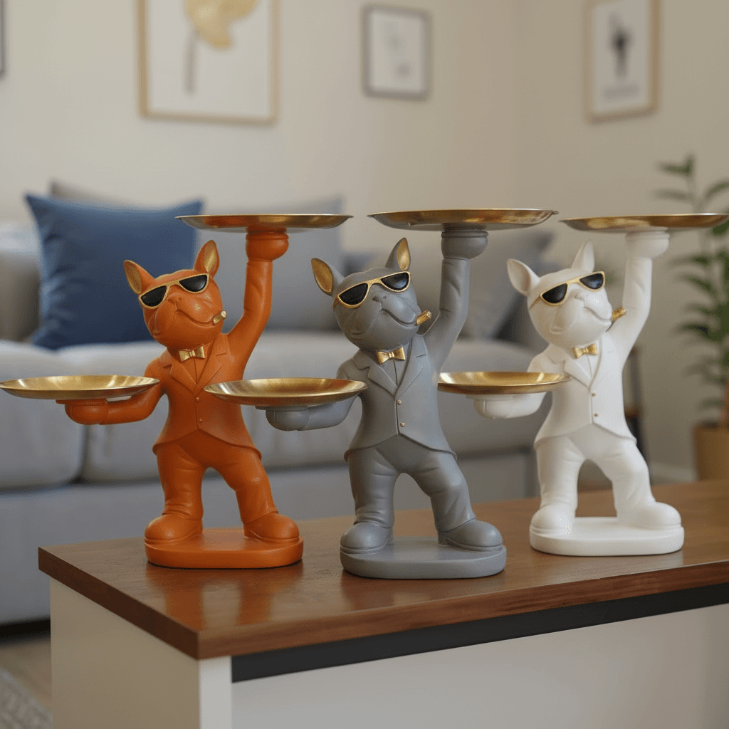 Alternative view of resin French Bulldog butler sculptures with trays. 