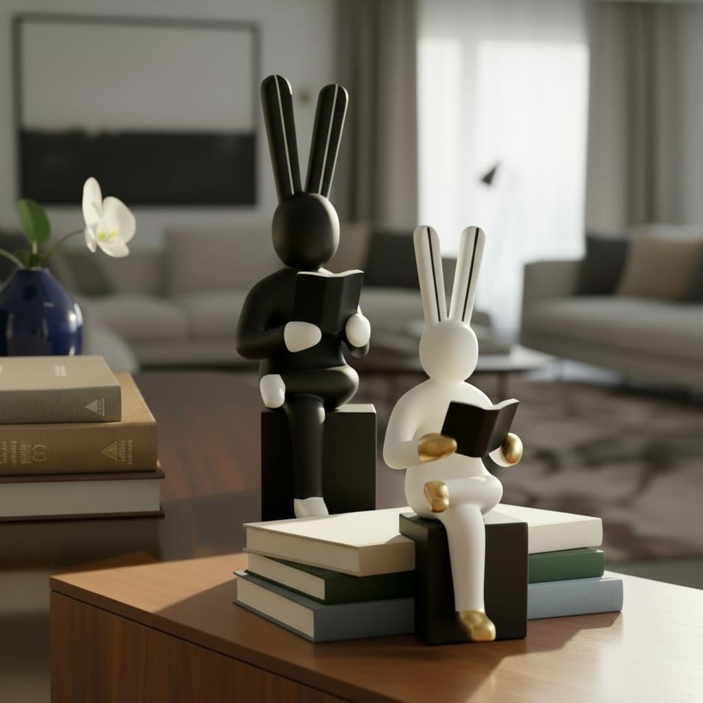 Alternative view of anime-inspired black and white ceramic rabbit figurines