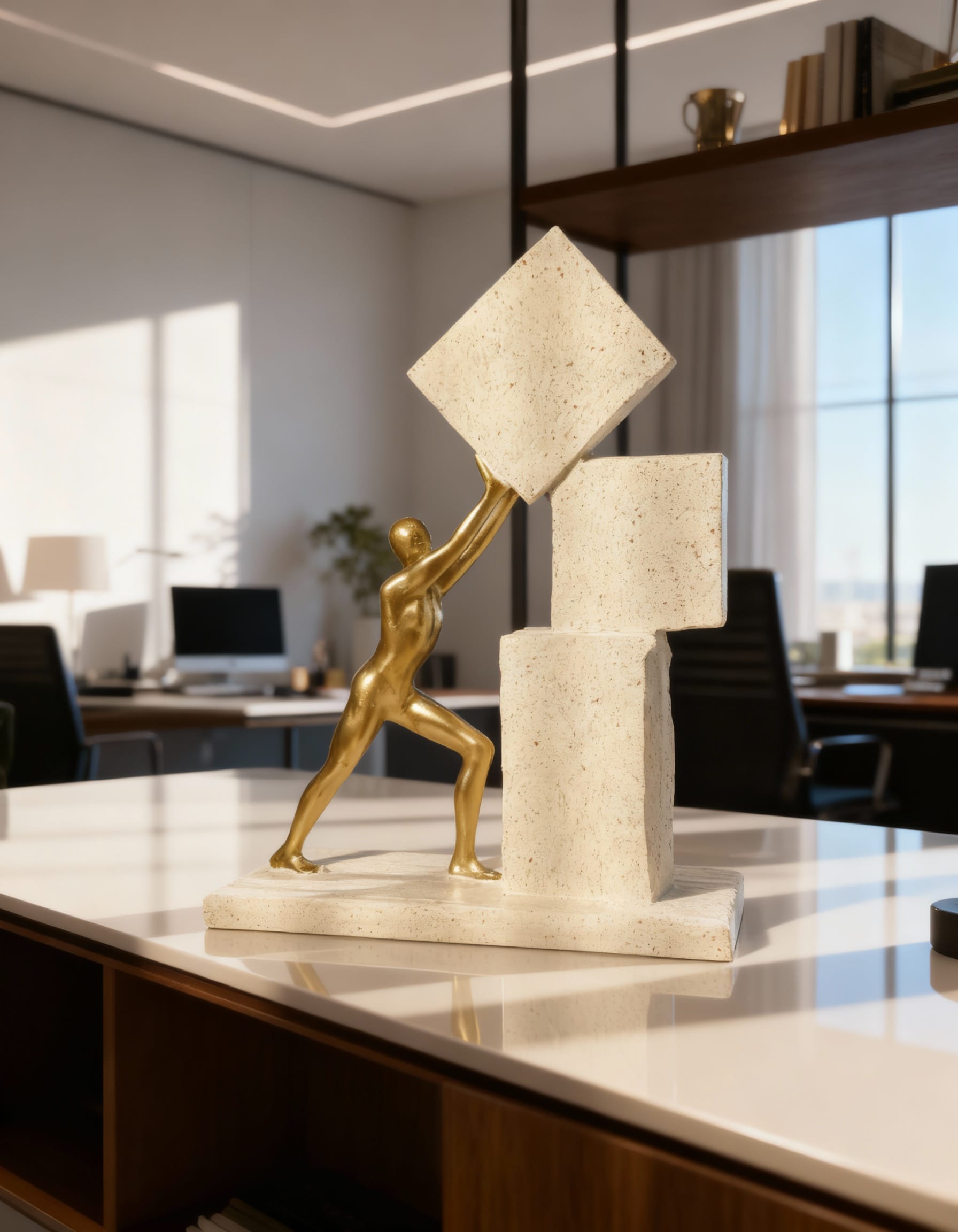 Alternative view of polyresin sculpture of a figure arranging geometric blocks