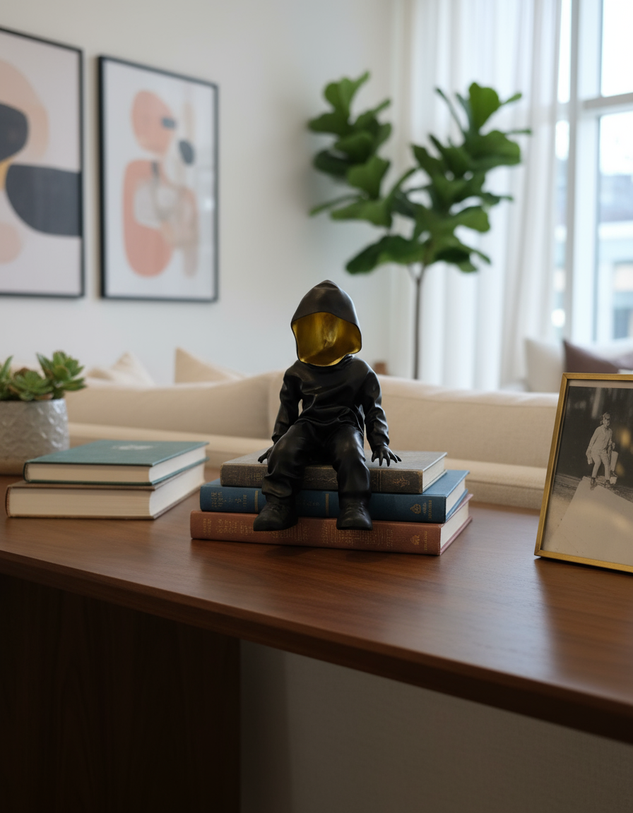 Black Hooded Gold-Faced Sculpture