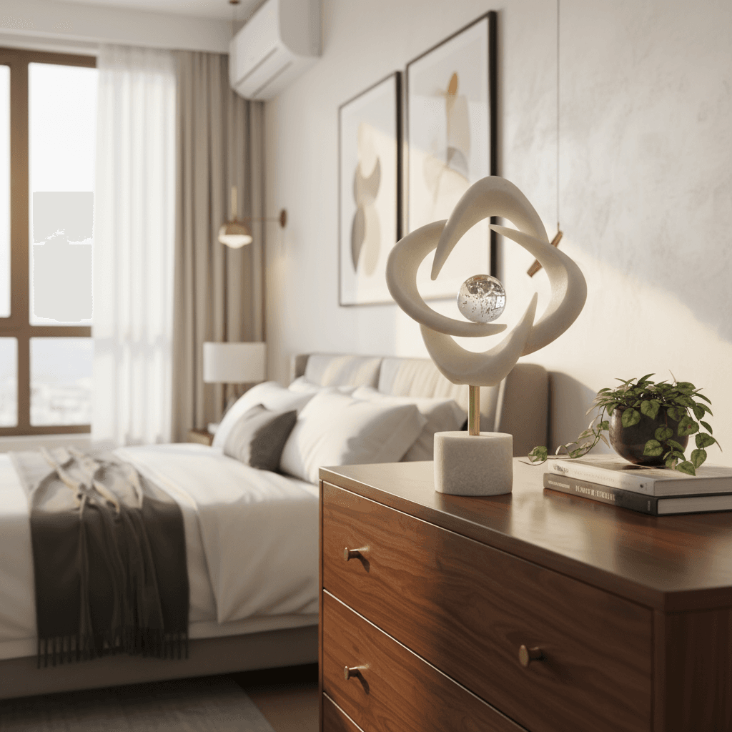 Alternative view of glass decorative sculpture on a marble base. 