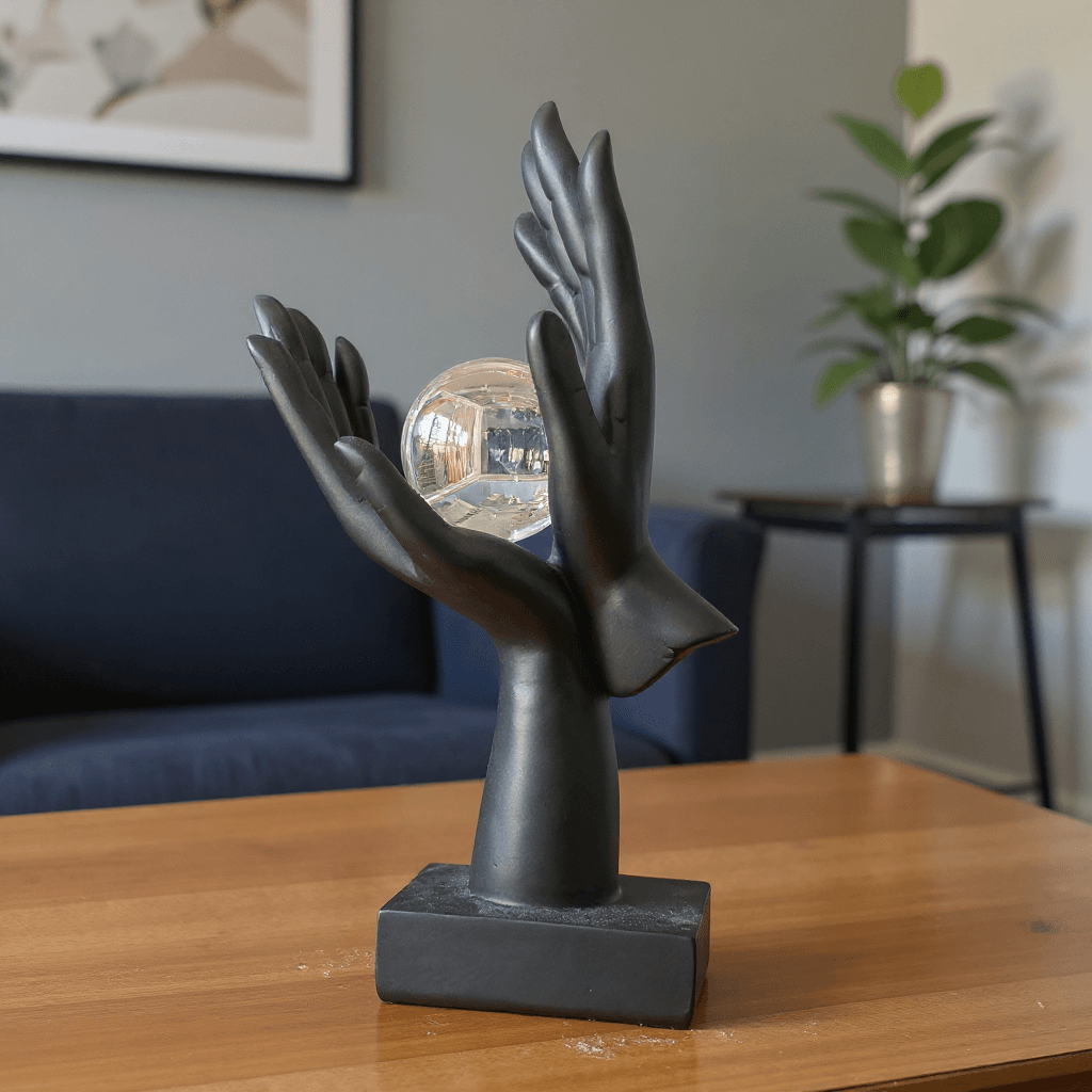 Alternative view of resin hand statue