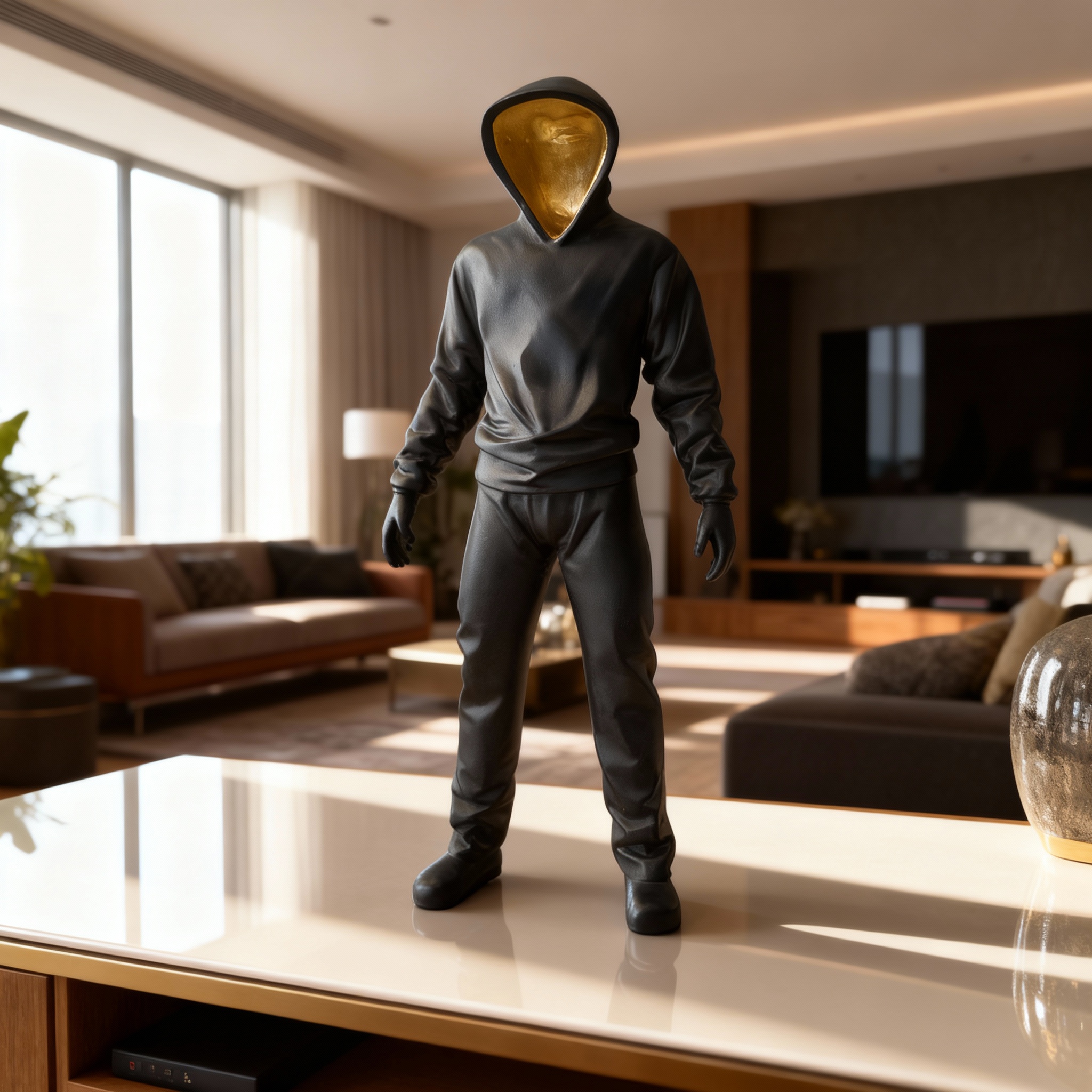 Black Hooded Gold-Faced Sculpture