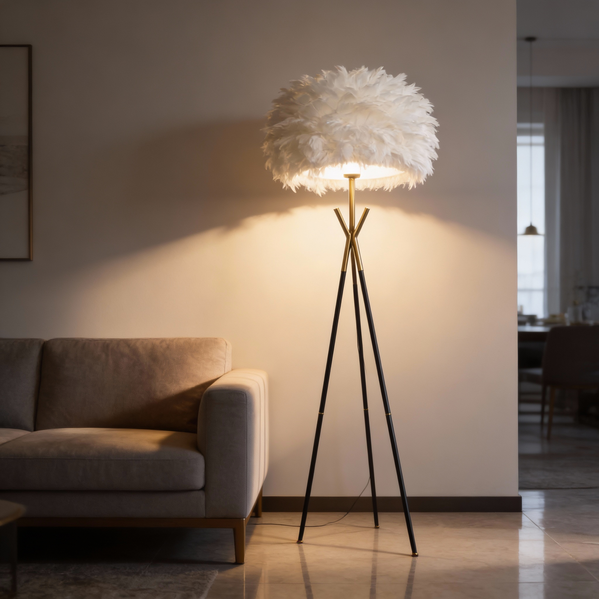 Alternative view of white feather shade floor lamp