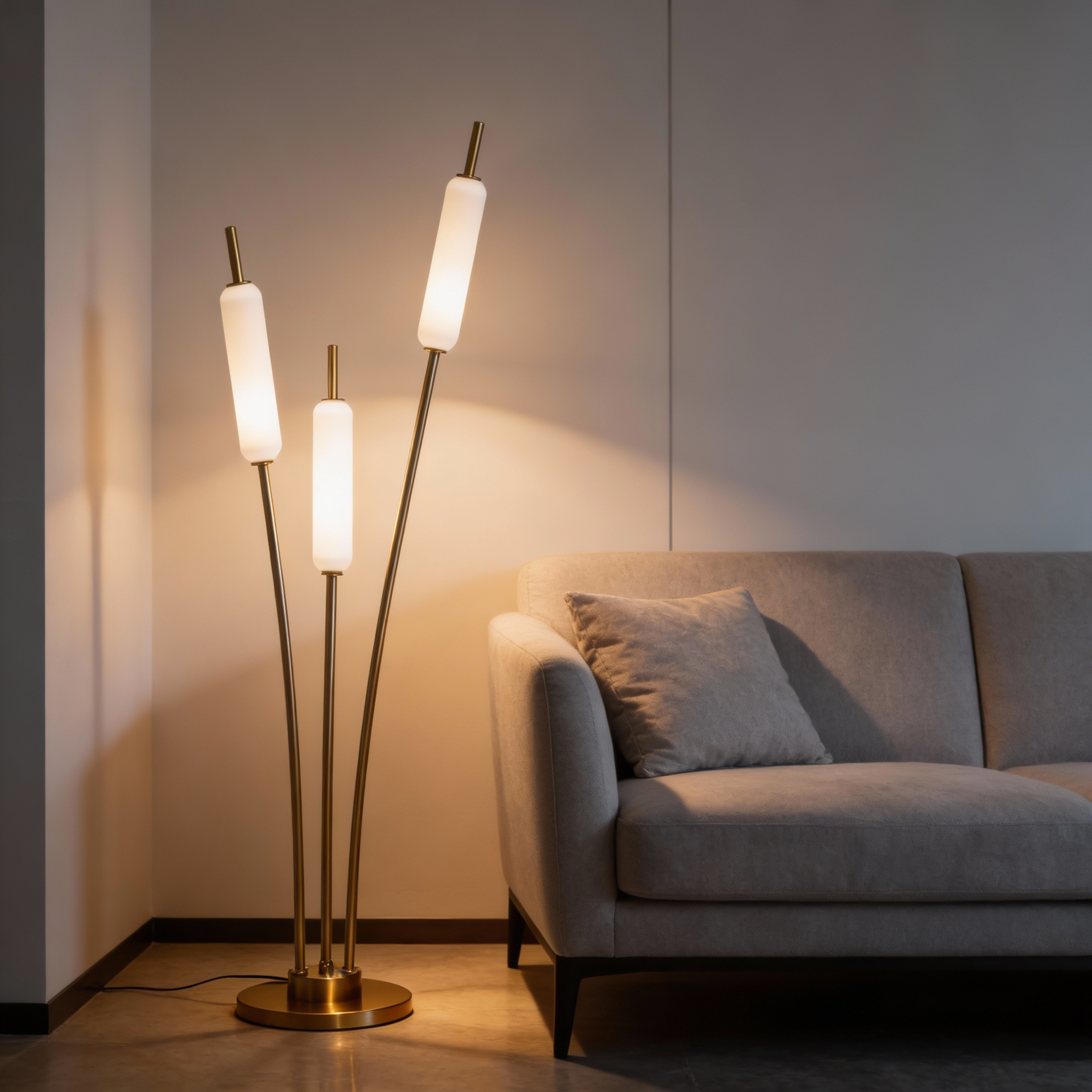 Alternative view of natural brass frame and diffusers made of white borosilicate