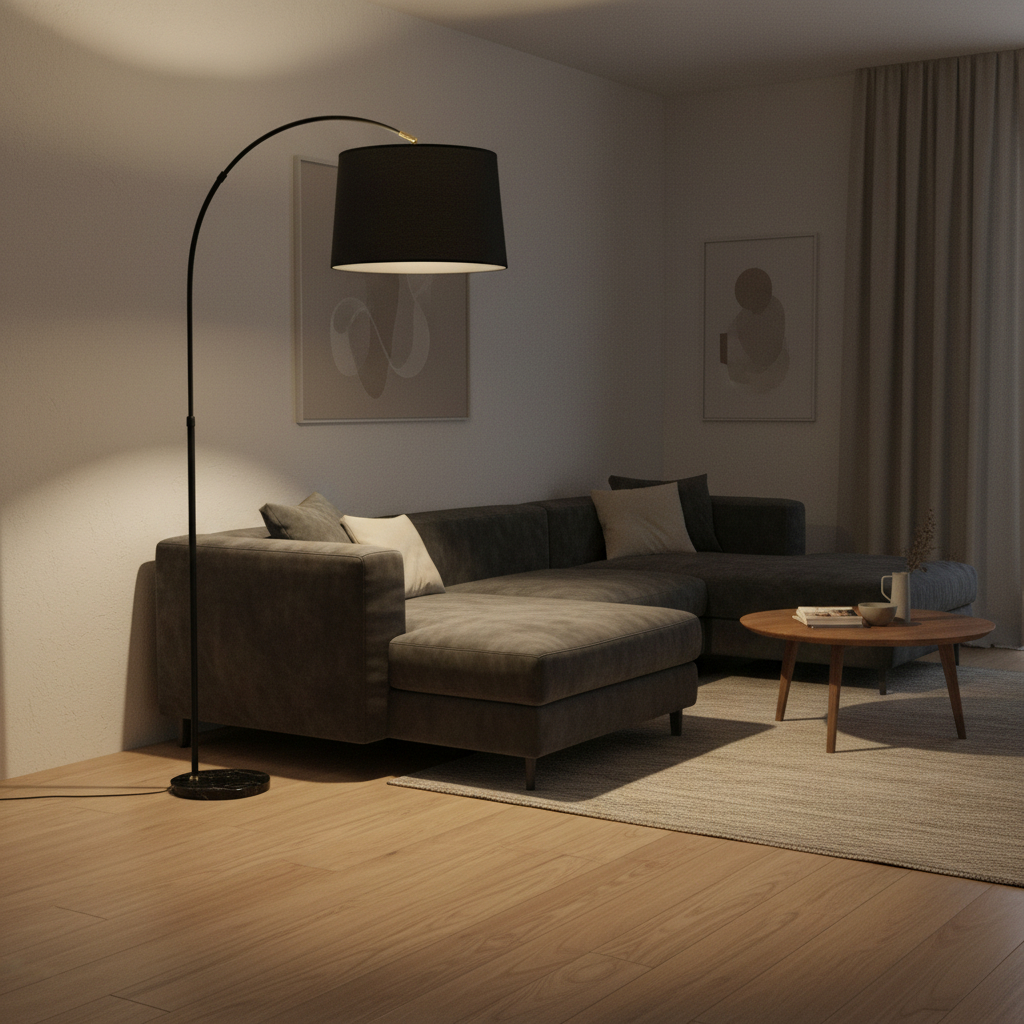 Alternative view of Black Arched Curved Floor Lamp with a black and gold inner shade