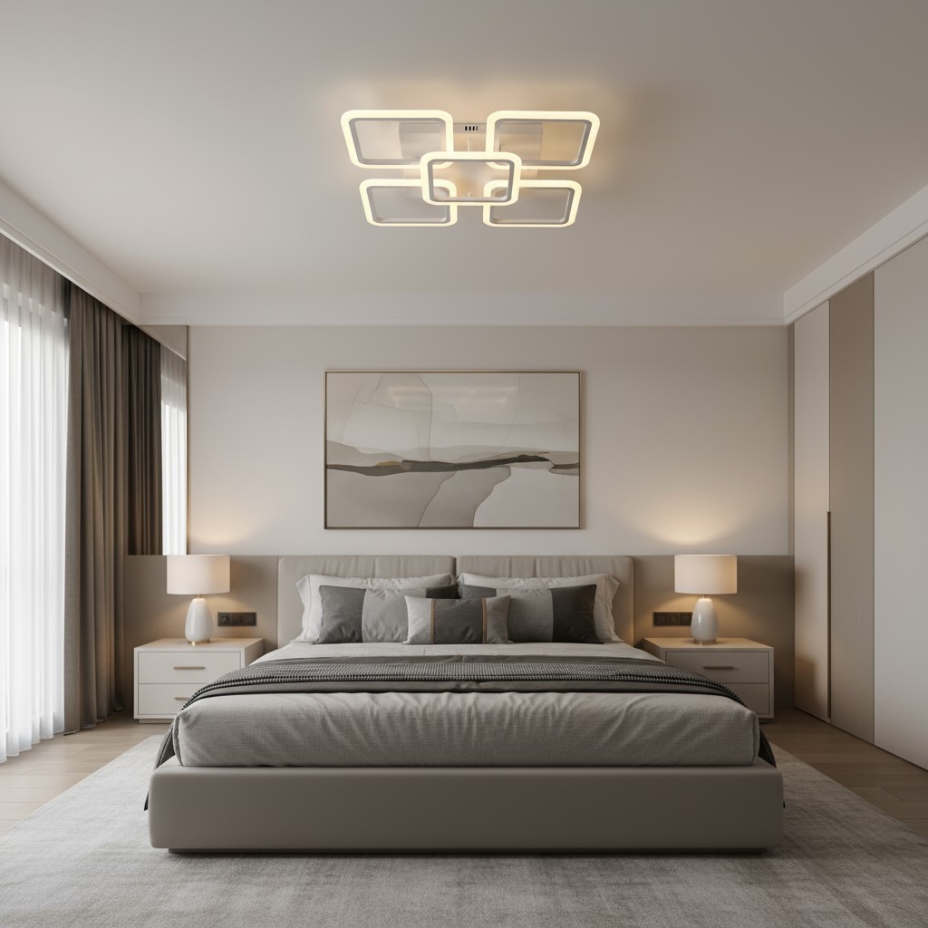 modern white LED ceiling light square, layered design. 