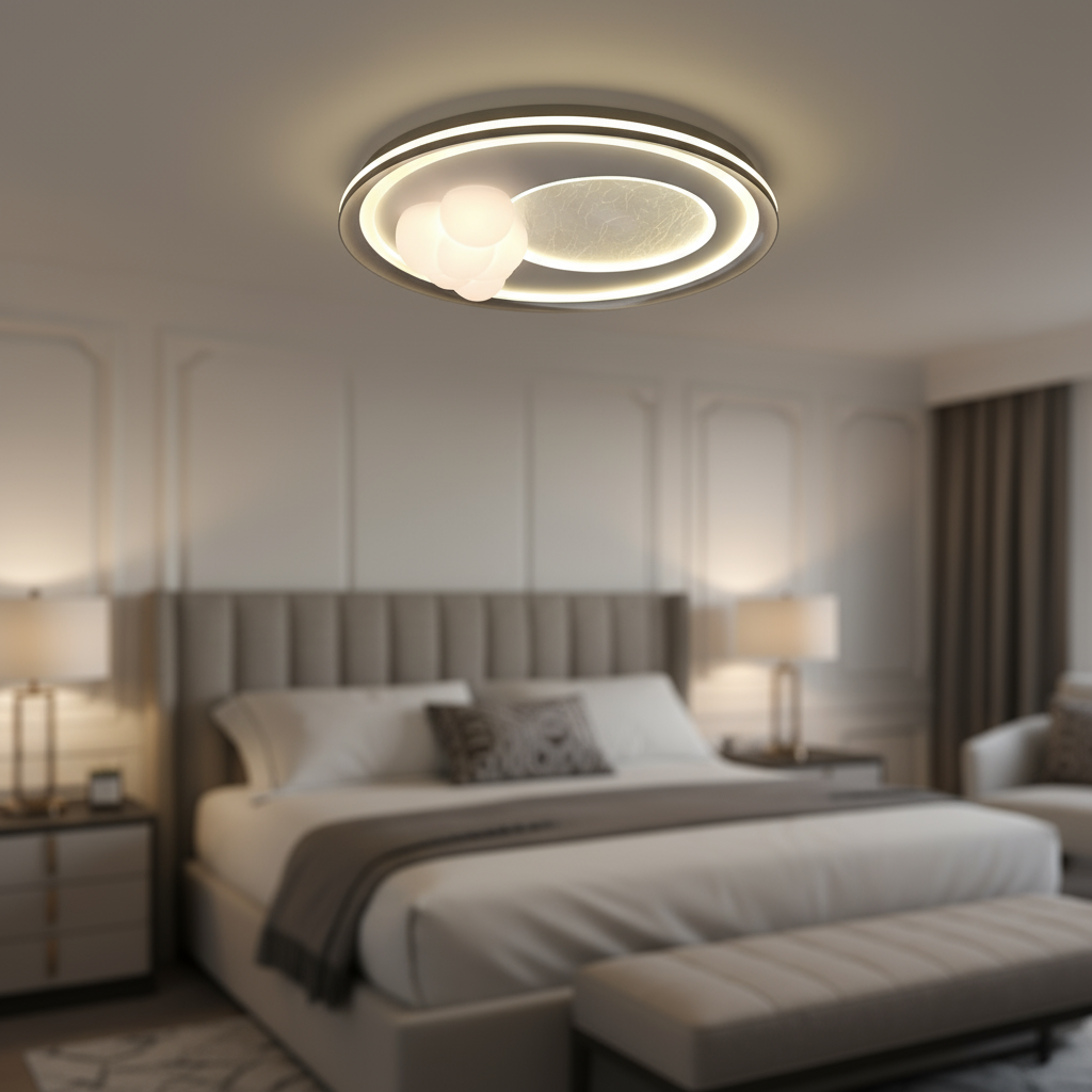 round ceiling light with an iron base and acrylic diffuser. 