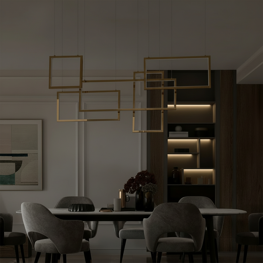 Alternative view of modern LED chandelier featuring interconnected rectangular frames