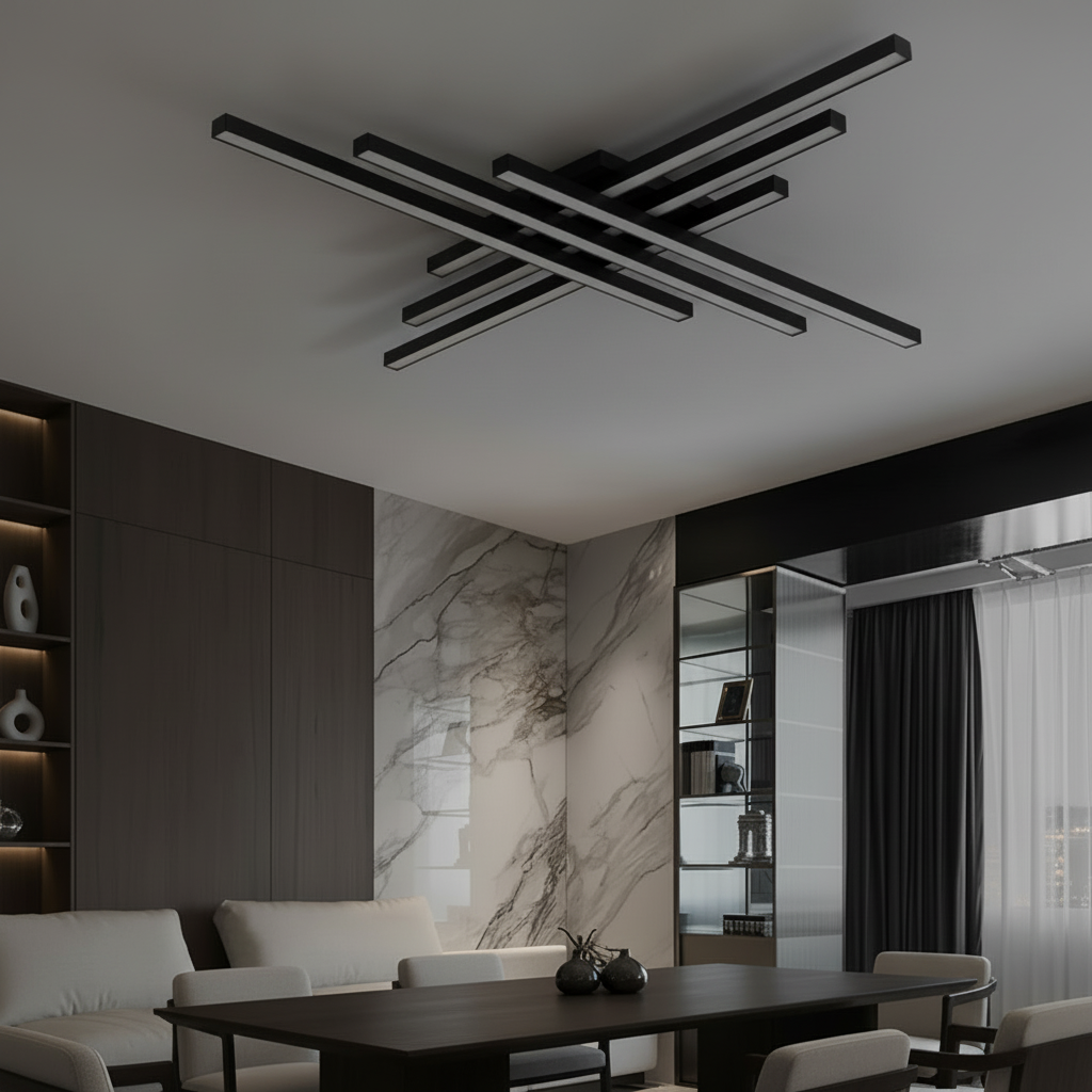 Alternative view of modern LED ceiling light fixture with a geometric