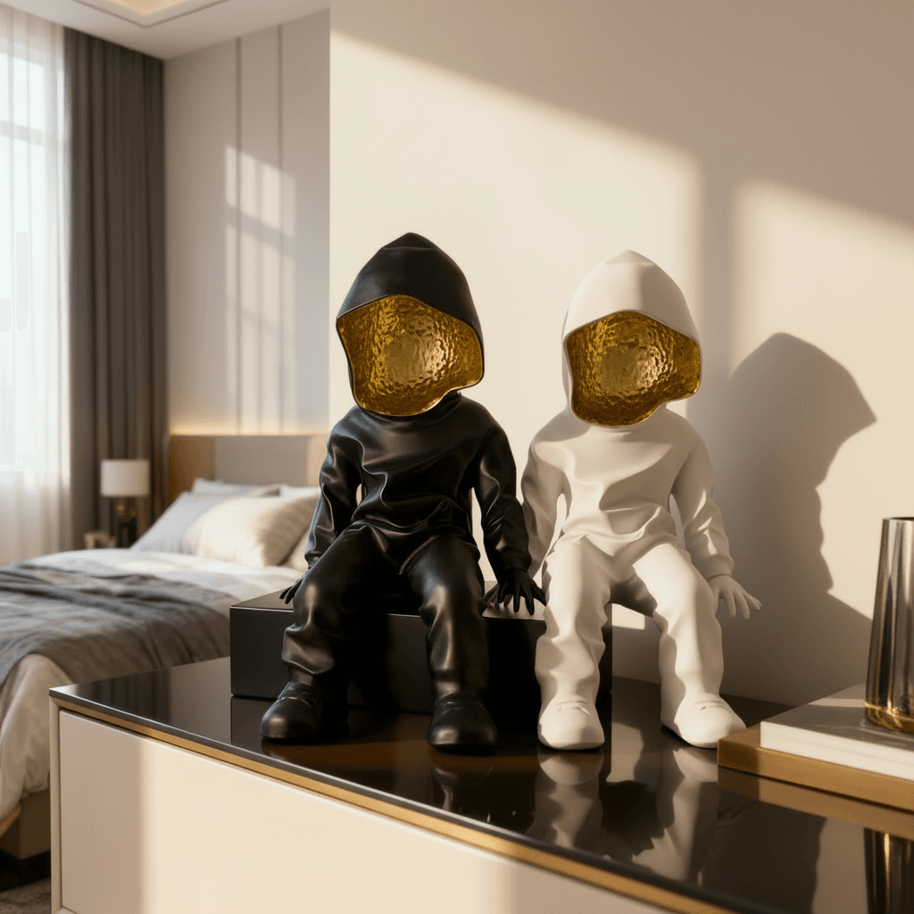 Alternative view of hooded gold-faced resin sculpture