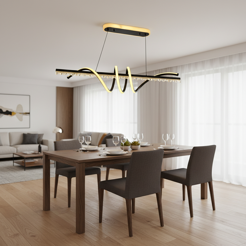 linear spiral pendant light with crystal accents. 