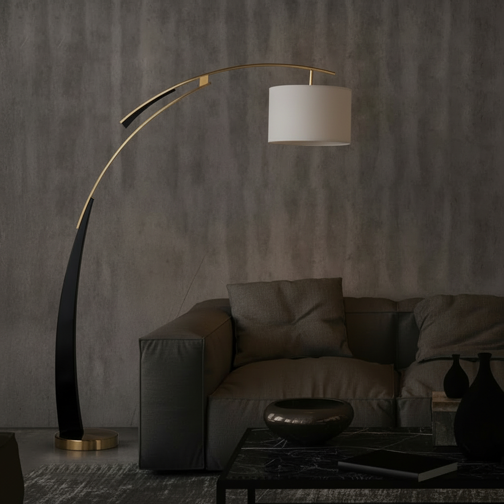 Matterhorn Arc Floor Lamp featuring a black and gold