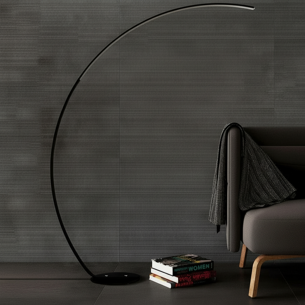 black Lindby Kendra LED arc floor lamp