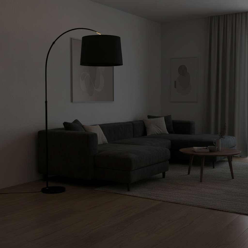 Black Arched Curved Floor Lamp with a black and gold inner shade