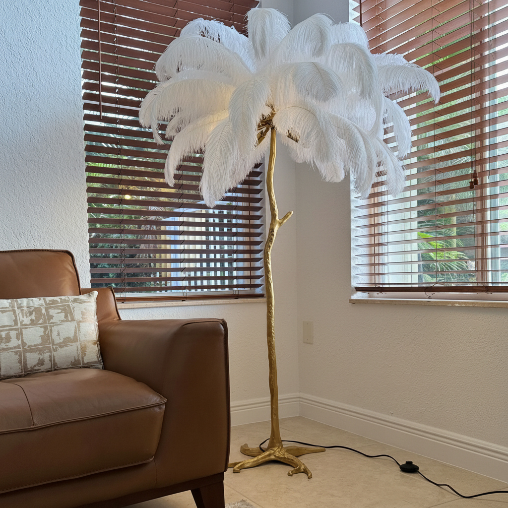 Ostrich Feather Floor Lamp Resin, Feather Lamps, Modern Gold Floor Tall Standing Lamp