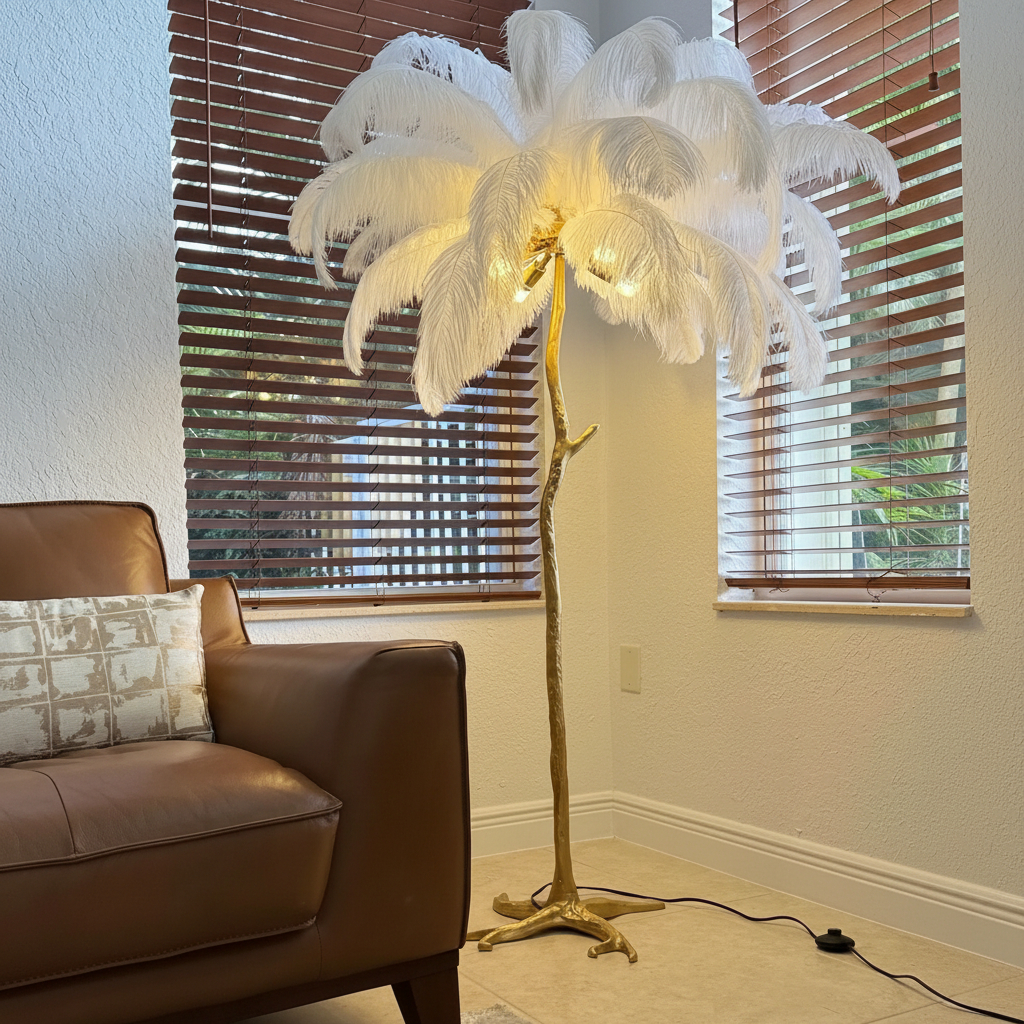 Alternative view of Ostrich Feather Floor Lamp Resin, Feather Lamps, Modern Gold Floor Tall Standing Lamp