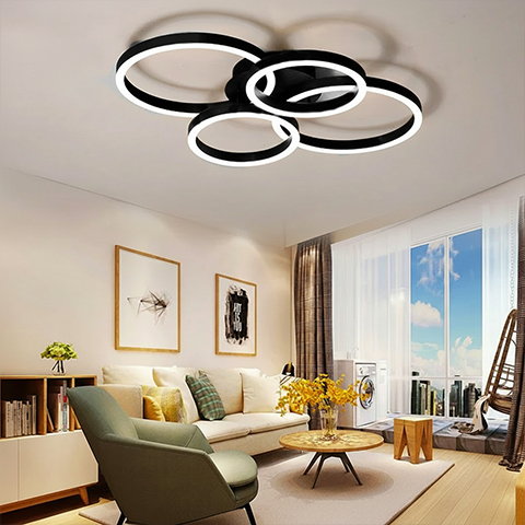 modern LED ceiling light fixture with four interlocking rings.