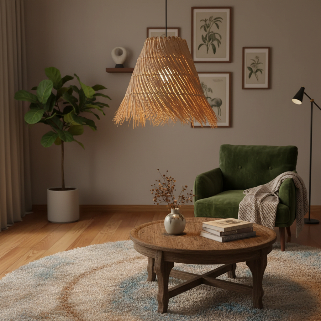 Alternative view of hand-woven natural material pendant lamp, often styled as boho, rustic, or coastal decor.