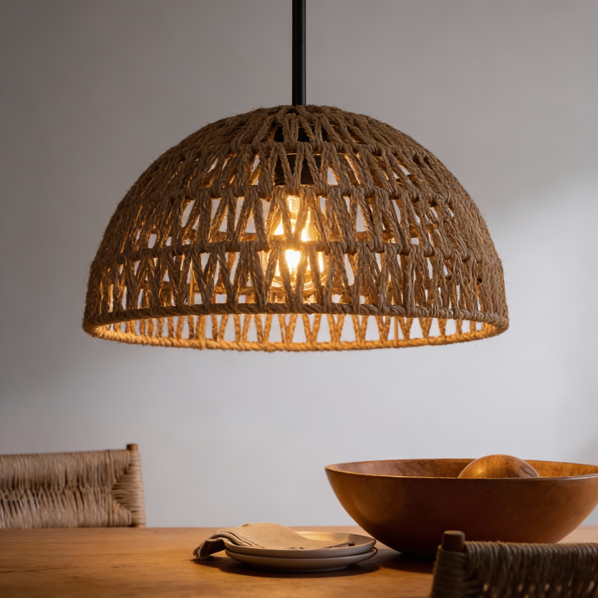 Alternative view of boho-style woven rattan dome pendant light fixture,