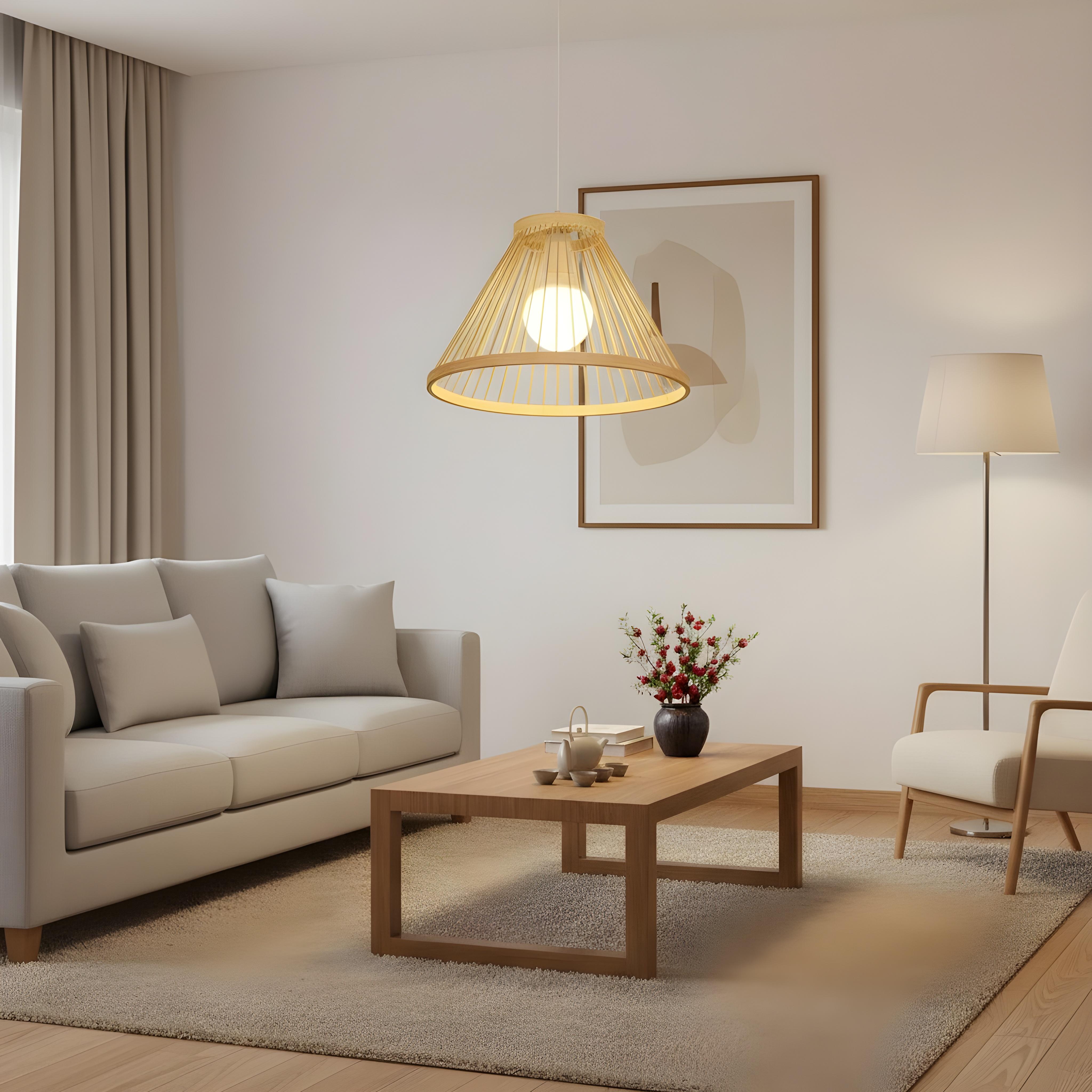 Alternative view of natural-style bamboo pendant light is designed with a conical woven structure, often found as a handmade bamboo lamp for interior decor.