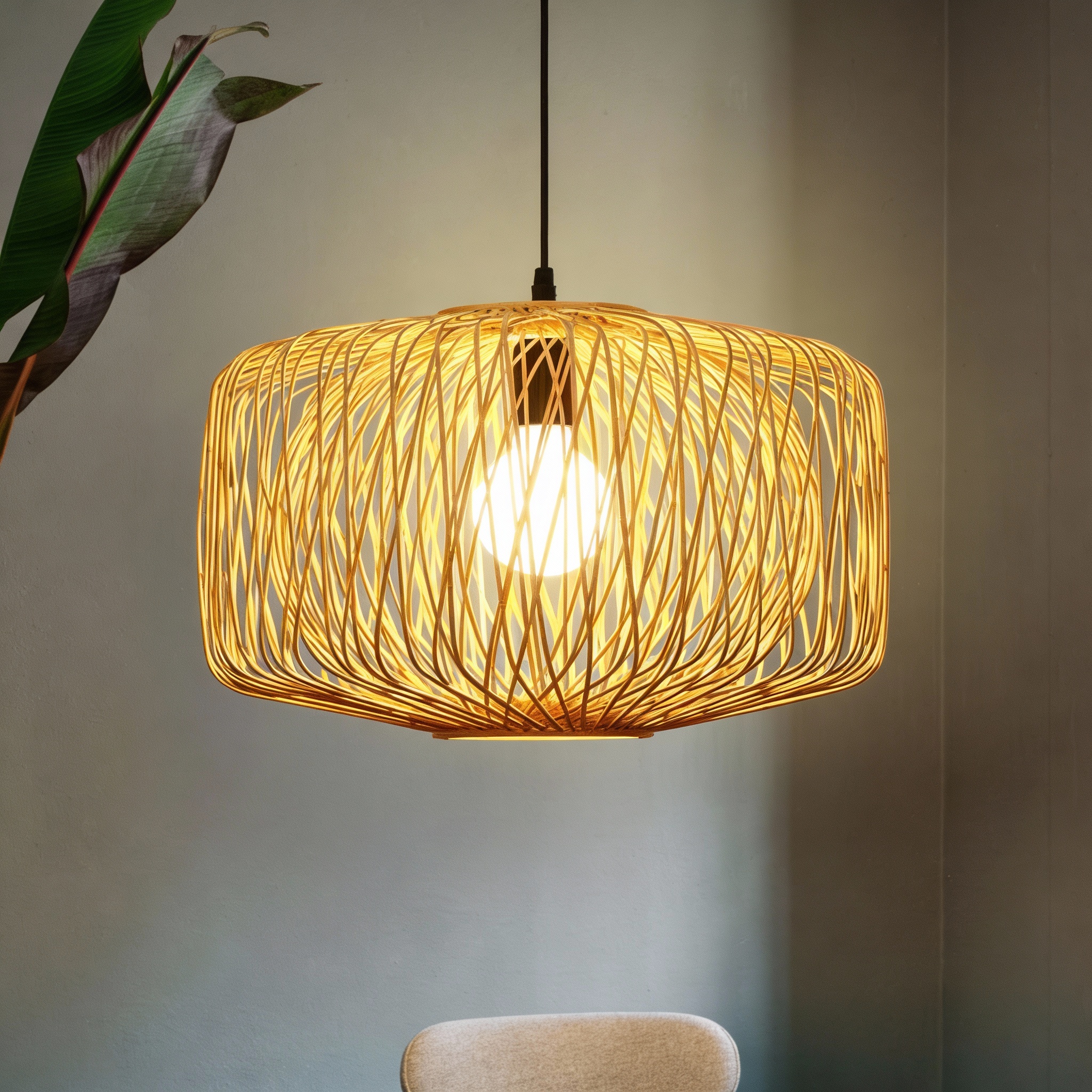 Alternative view of natural wicker or bamboo woven pendant lamp