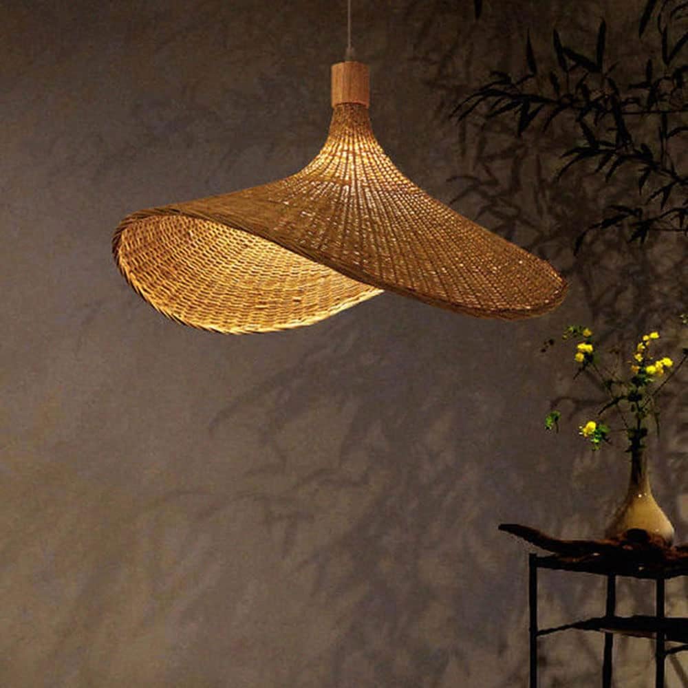 Alternative view of JXINGZI handmade bamboo pendant light fixture, often referred to as a straw hat lamp.