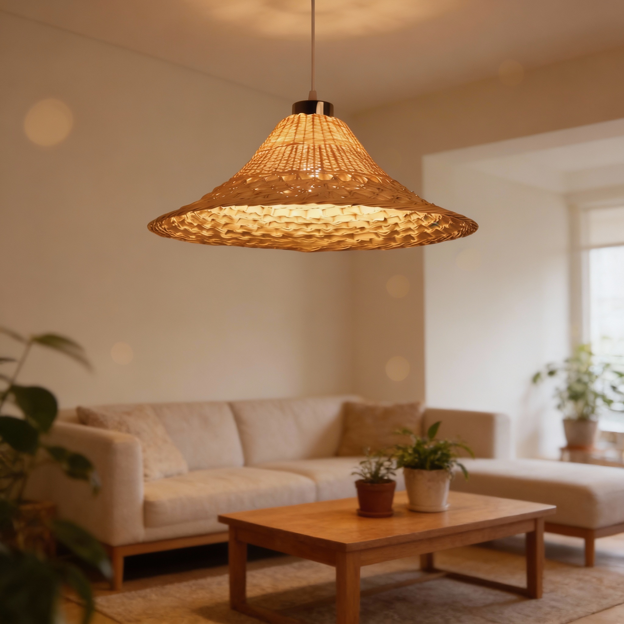 Alternative view of Rattan Hat Shape Bamboo Pendant Light features a wide,