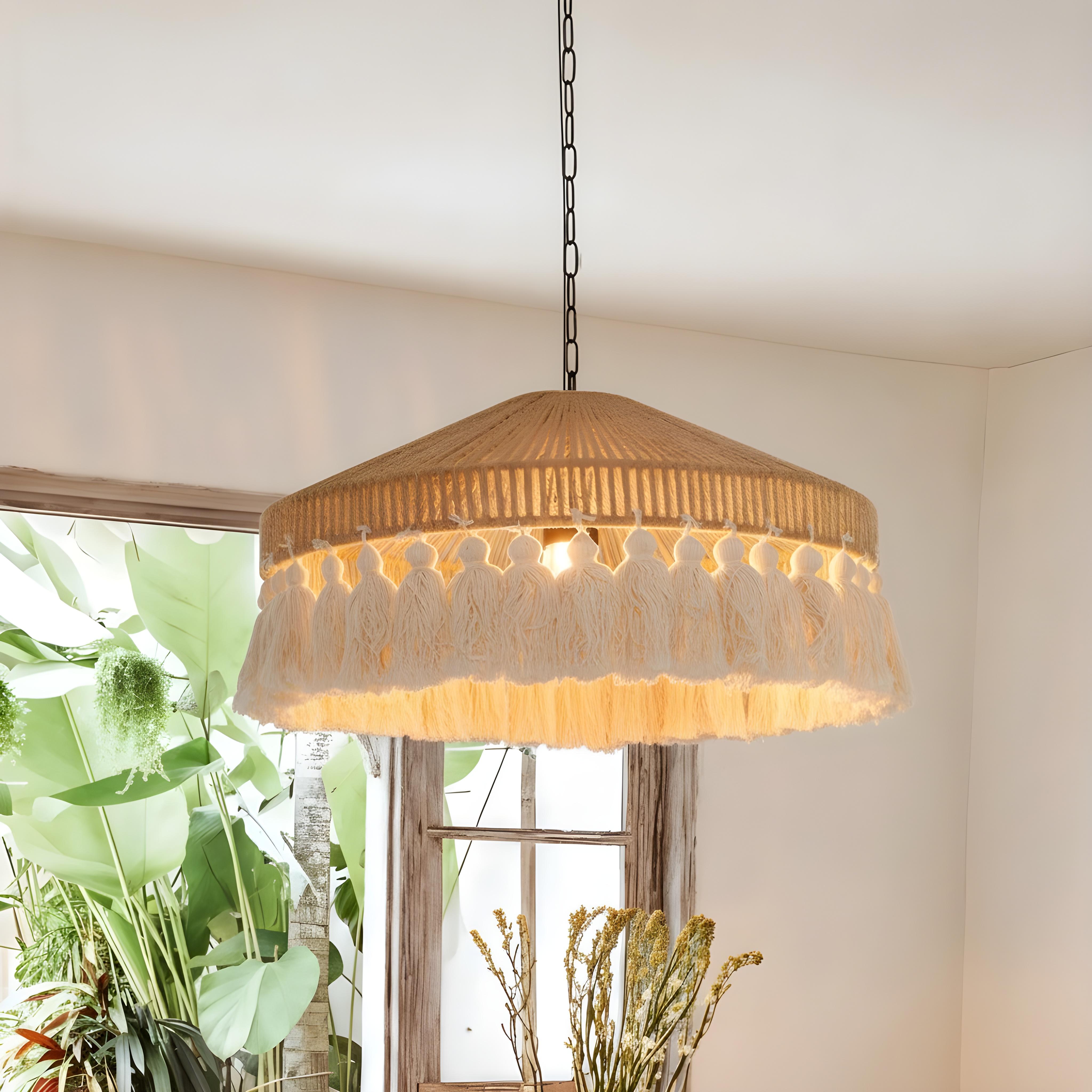Alternative view of Arturesthome Bohemian Vintage Rope Tassel Pendant Light features a handcrafted woven hemp rope shade and cotton tassel fringe.