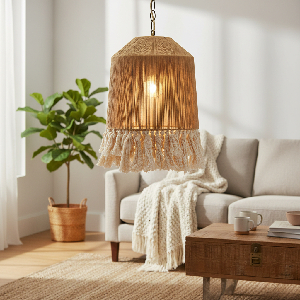 Alternative view of storied home Metal and Natural Paper Rope Shade Pendant Lamp, also known as the Rya Fringe Pendant Light or Rara Tall Jute Pendant.