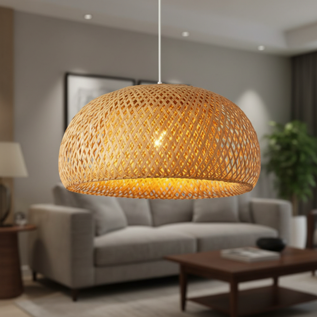 Alternative view of boho-inspired natural bamboo woven pendant light shade designed for living spaces.