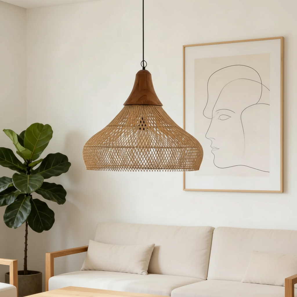 appears to be the Lakey Pendant from LabPieceSign, featuring a hand-woven rattan shade and a recycled teak wood top.