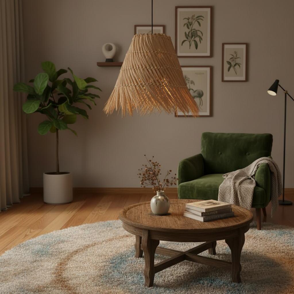 hand-woven natural material pendant lamp, often styled as boho, rustic, or coastal decor.