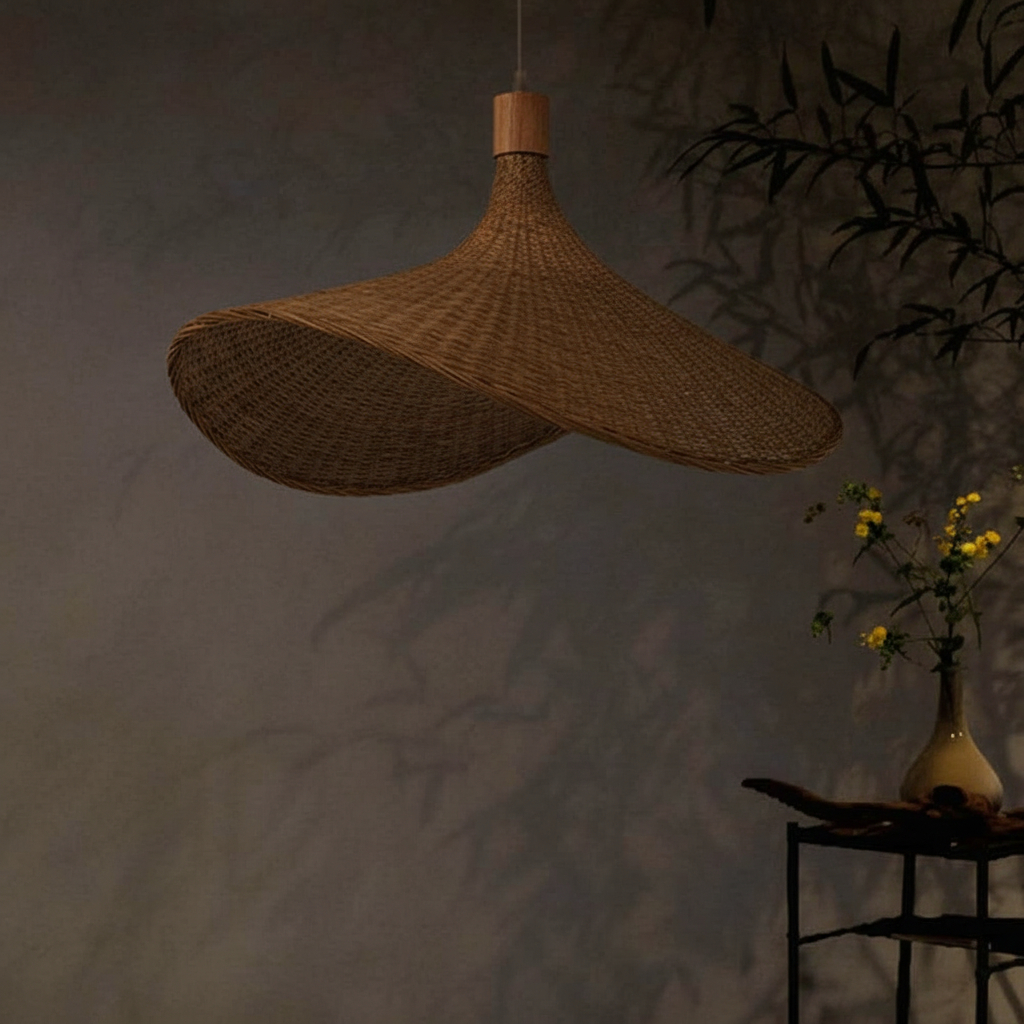 JXINGZI handmade bamboo pendant light fixture, often referred to as a straw hat lamp.