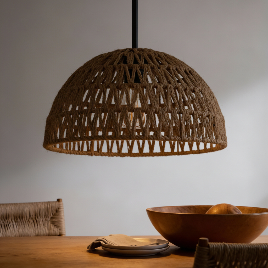 boho-style woven rattan dome pendant light fixture,