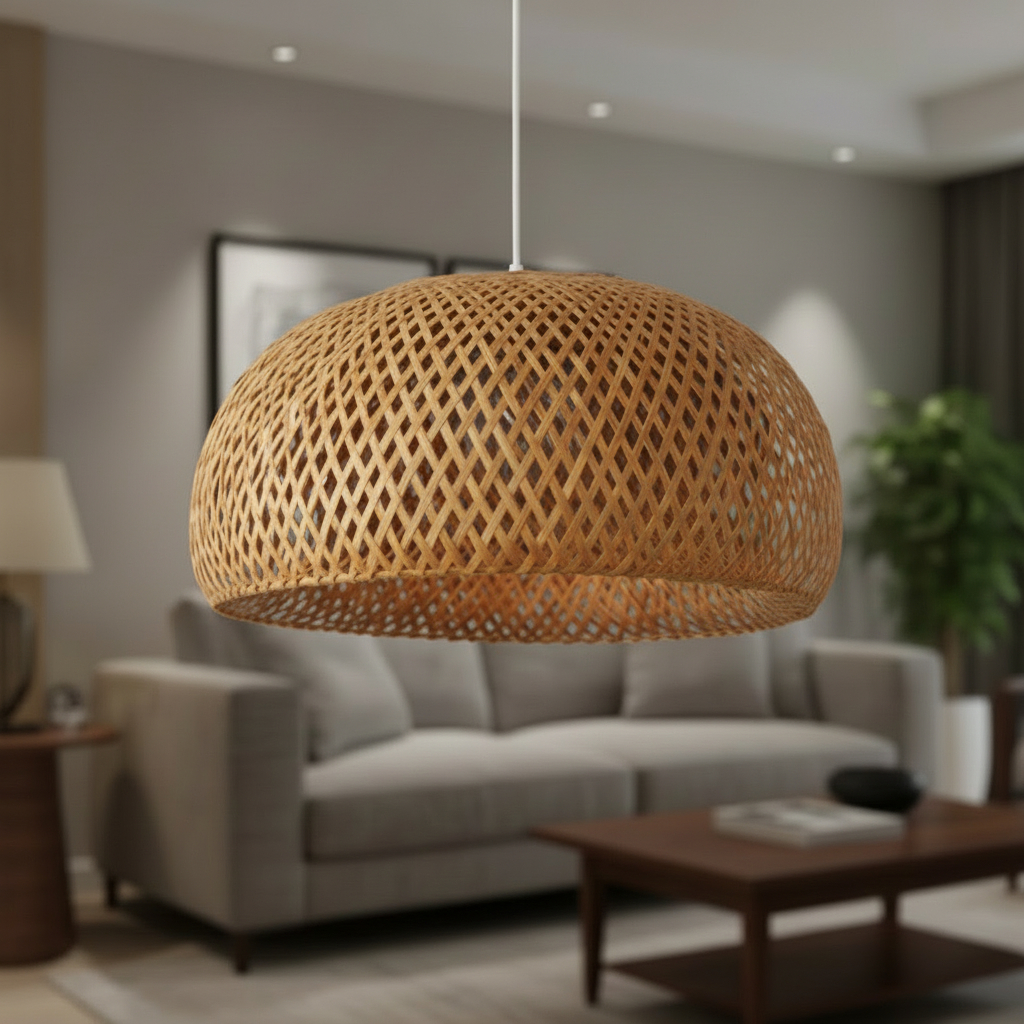 boho-inspired natural bamboo woven pendant light shade designed for living spaces.