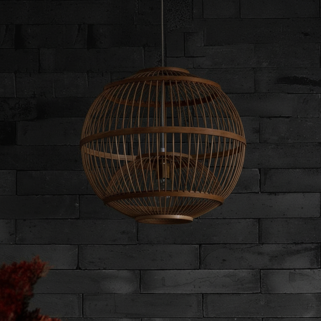 This product is a hand-woven natural bamboo pendant lamp, similar to models listed as the CSSYKV Japanese Bamboo Lamp or the Bayou Breeze Loggins Lantern Pendant.