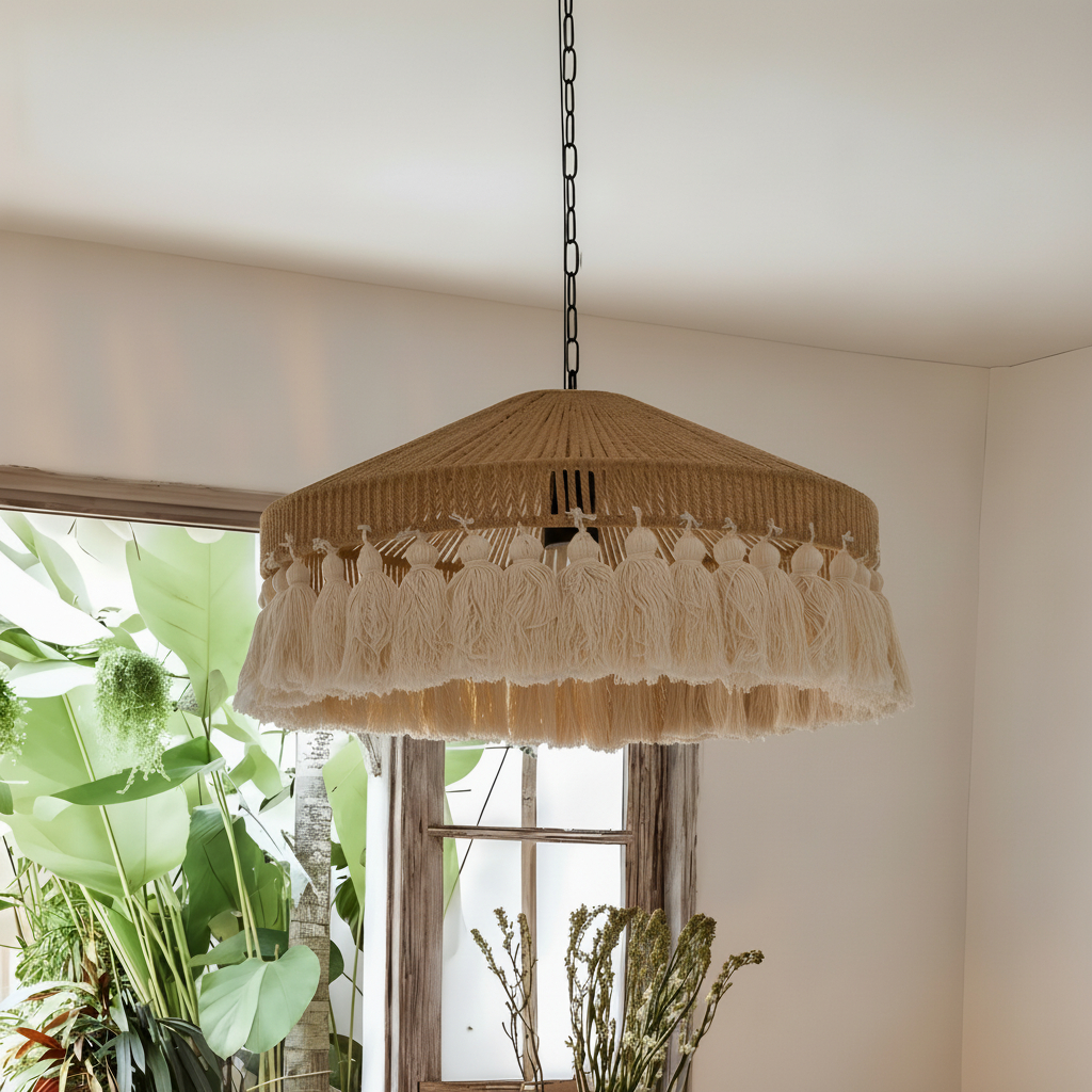 Arturesthome Bohemian Vintage Rope Tassel Pendant Light features a handcrafted woven hemp rope shade and cotton tassel fringe.