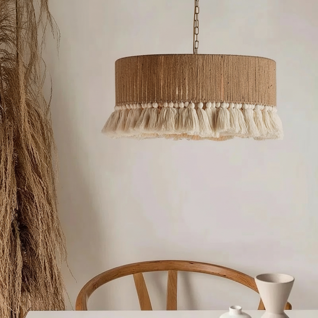 Anthropologie Rara Jute Pendant light features a handcrafted design with textured jute and tactile cotton tassels.