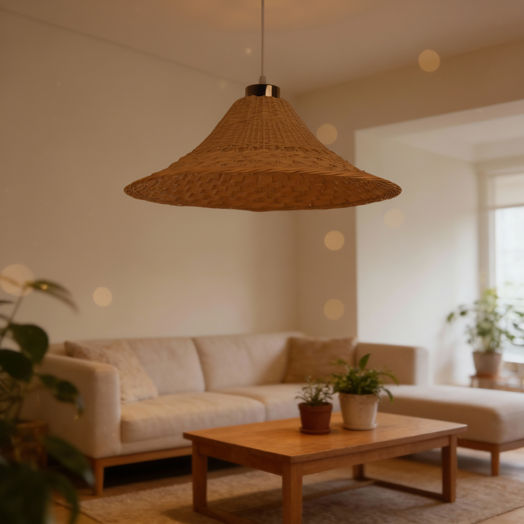 Rattan Hat Shape Bamboo Pendant Light features a wide,