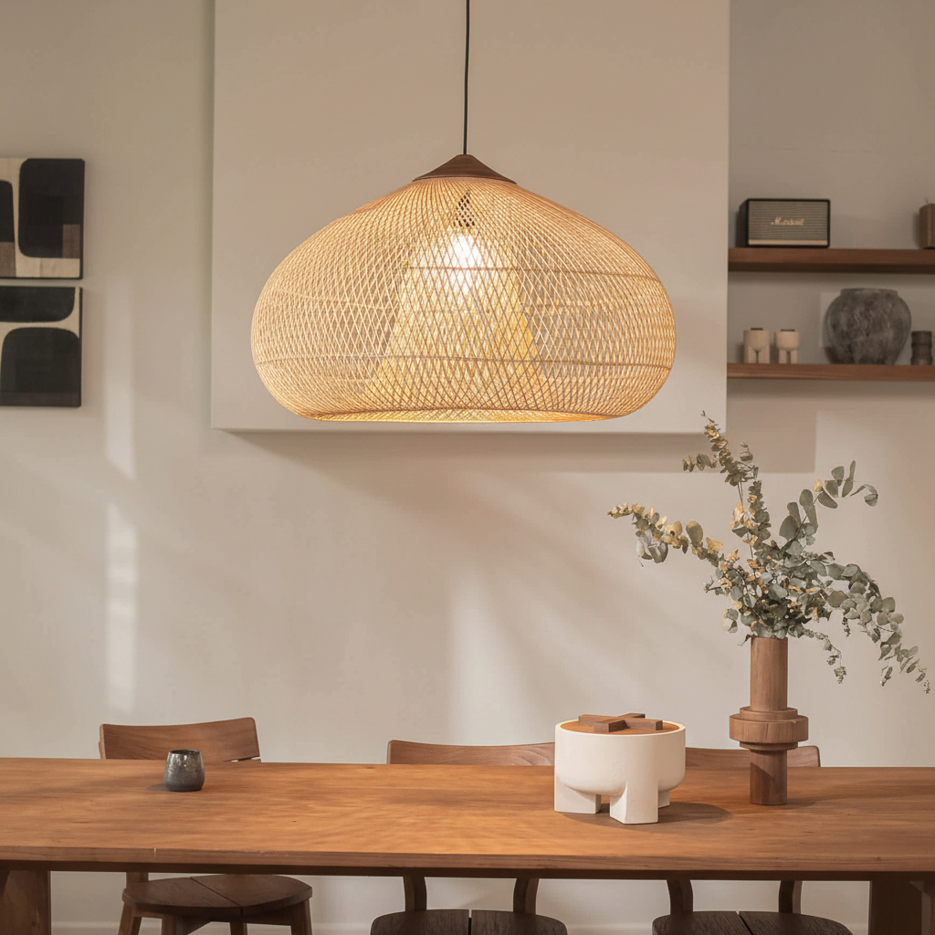 Alternative view of Drum Lamp made from woven natural rattan and teak wood.