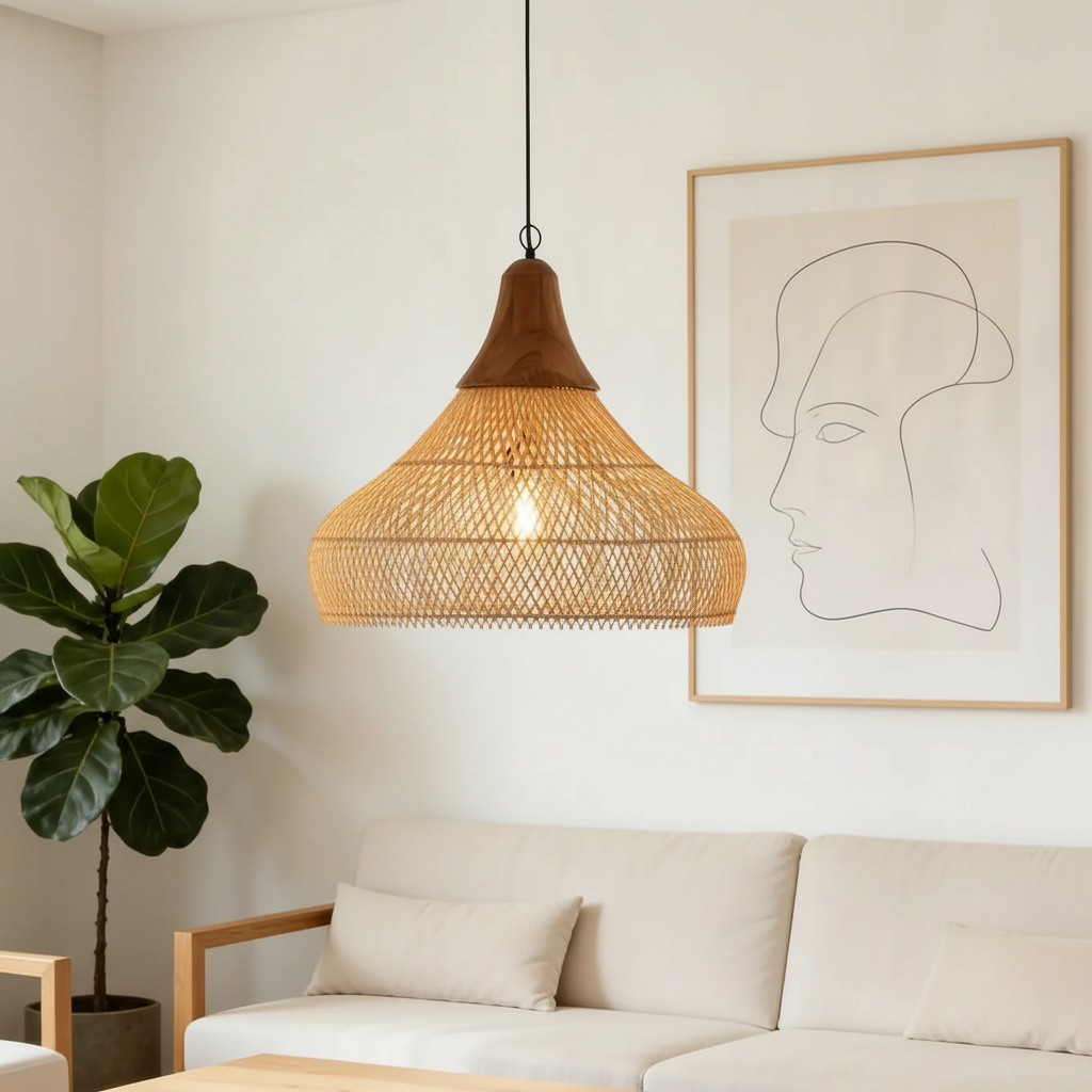 Alternative view of appears to be the Lakey Pendant from LabPieceSign, featuring a hand-woven rattan shade and a recycled teak wood top.