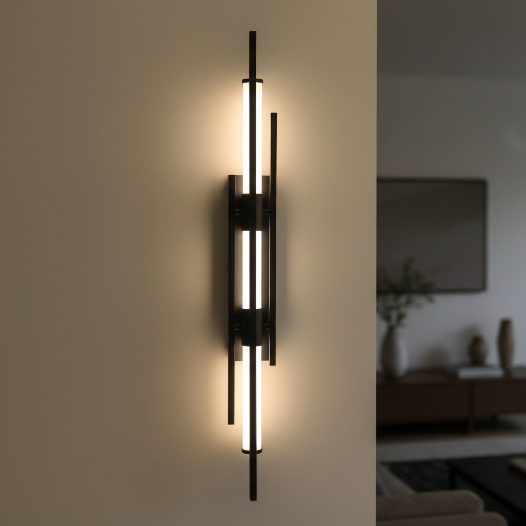 Alternative view of wall fixture is a modern minimalist LED wall light, similar in design to the Artika Grid or Presde 32-inch black LED vanity light bars.