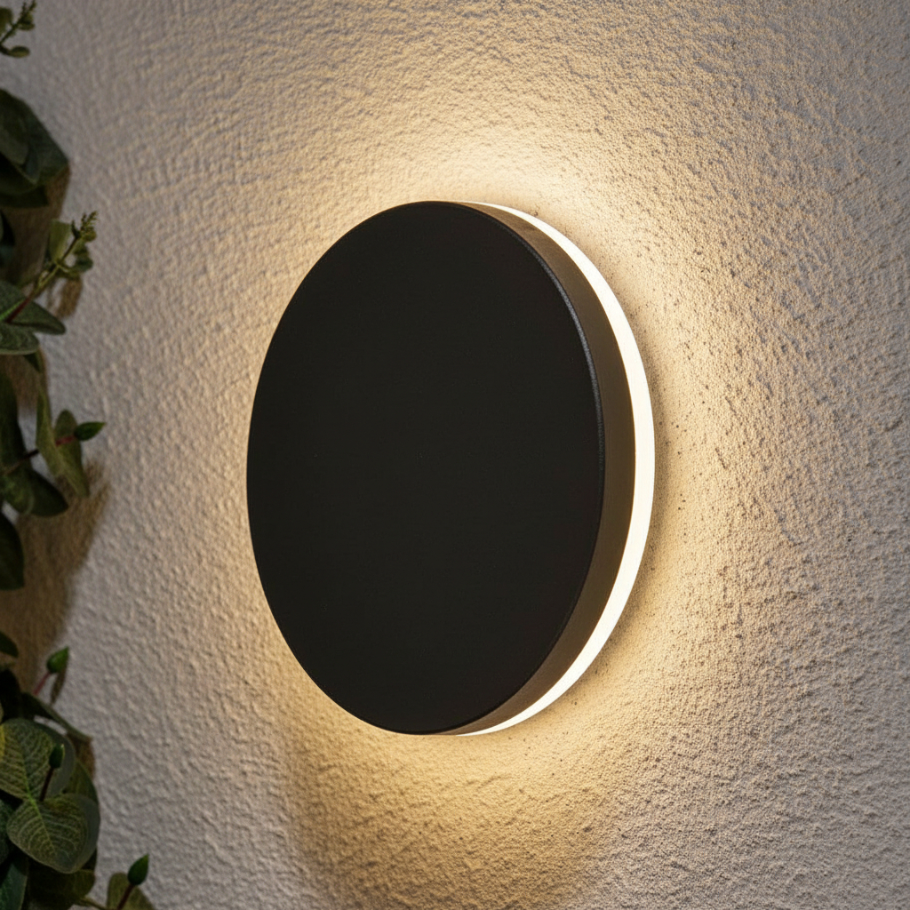 Alternative view of Forum Lighting Tetbury LED Round Outdoor Wall Light, featuring a sleek anthracite finish and a backlit design