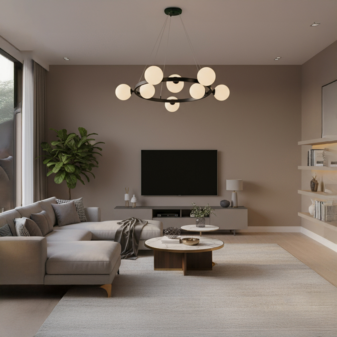 shown is the Krone 8 Black pendant lamp, a modern light fixture featuring a constellation of white glass spheres connected by a matte black ring. 