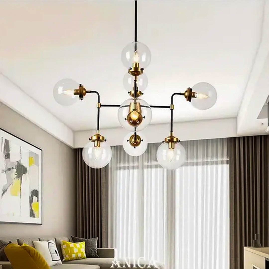 Lattice chandelier, which features a metal frame and glass globes. 