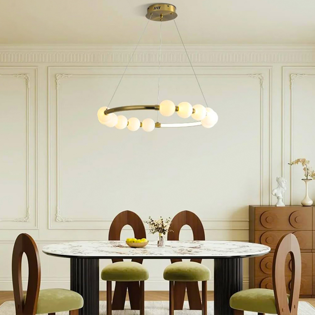 modern gold ring chandelier featuring multiple frosted glass globe bulbs, often described as a Nordic or minimalist bubble pendant light. 